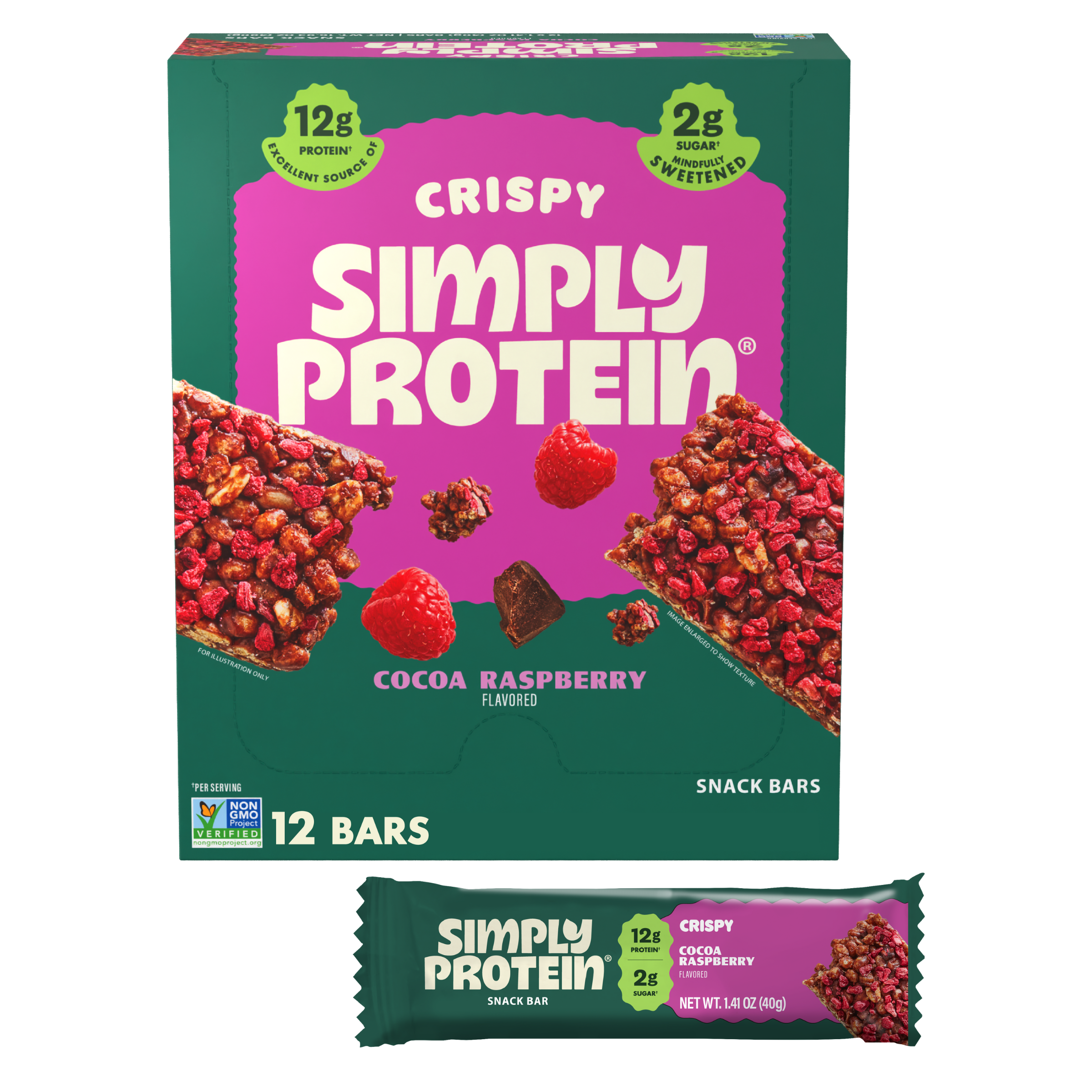 SimplyProtein Cocoa Raspberry crispy bars packaging with a single bar in front 