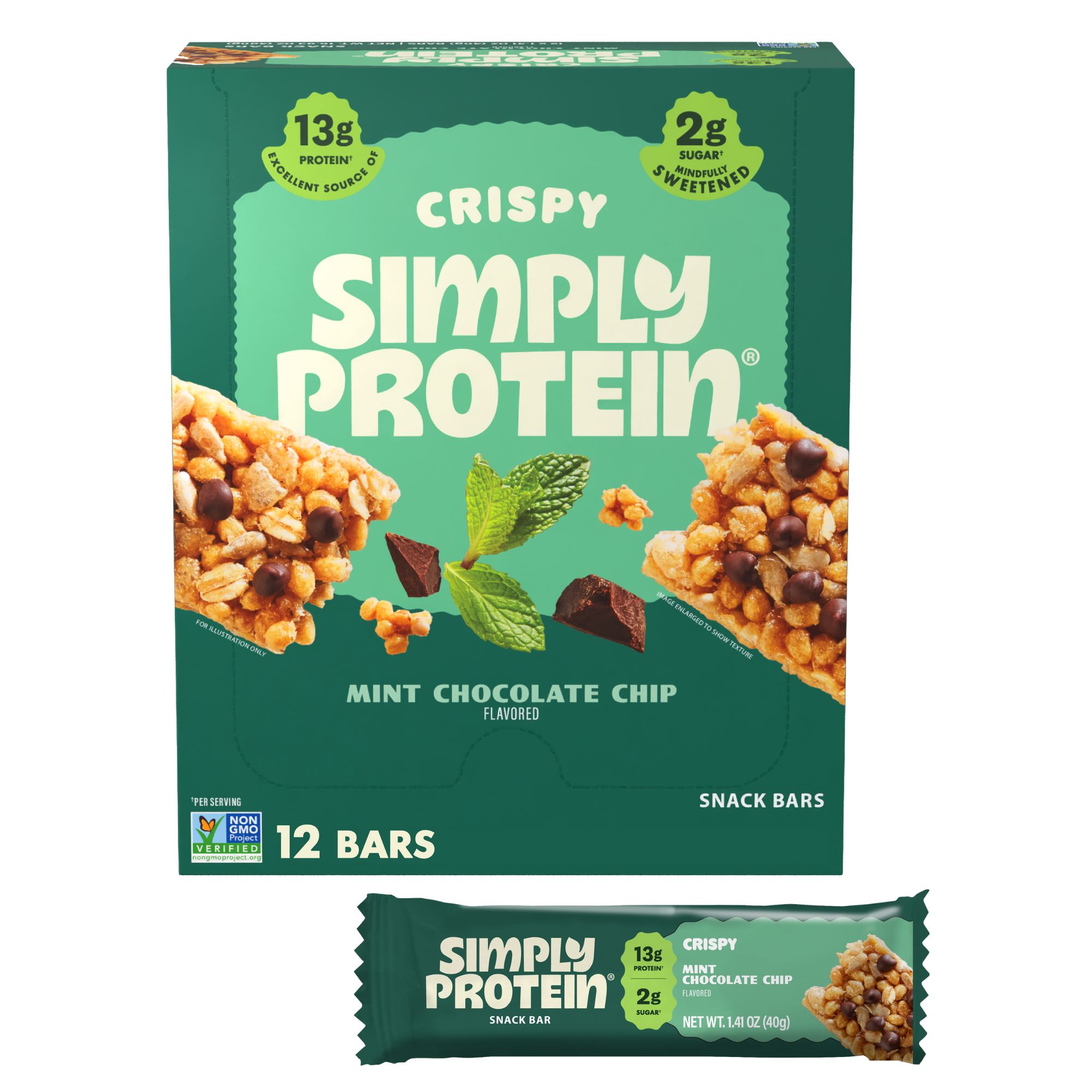 SimplyProtein Mint Chocolate Chip Crispy bars packaging