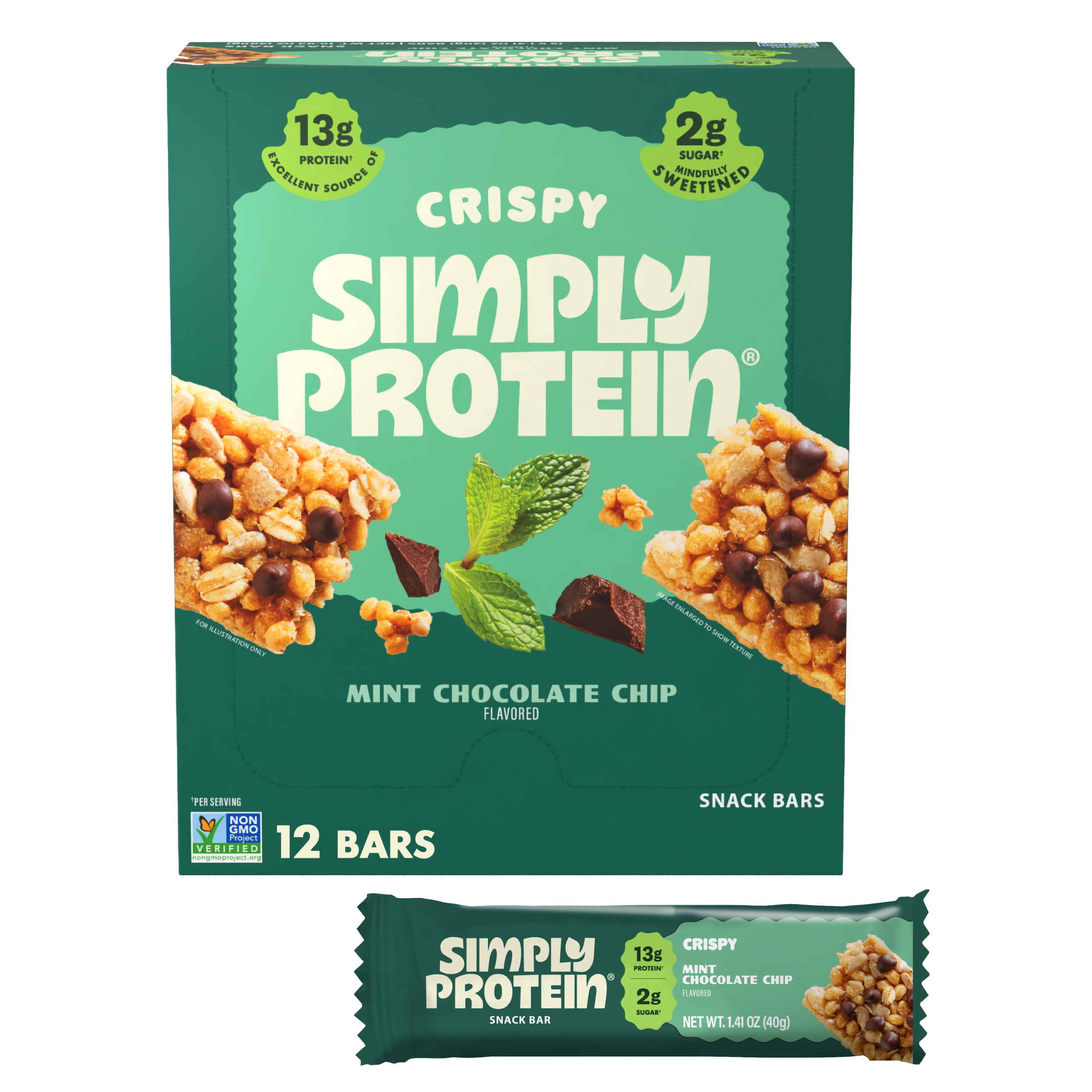 SimplyProtein Mint Chocolate Chip Crispy bars packaging